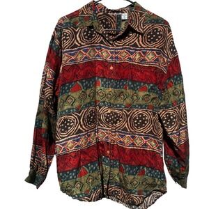 Vintage 90s style Silk Tribal Print Shirt Size L Unisex Boho Button Down Grunge